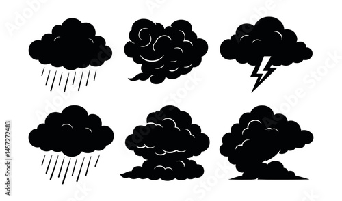 Storm cloud icon set – rain, thunder, lightning, thunderstorm, weather, dark, silhouette, atmospheric, nature, cloudy. Vector icons set