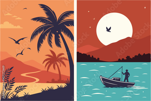 22 Tropical beach sunset and night scene, silhouette of fishing boat, palm trees, mountains in distance, vibrant orange and red sky, starry blue night sky, full moon reflection on water, birds flying,