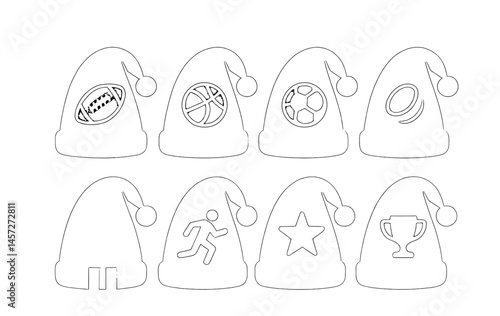 Sport-themed santa hat icons set – football, basketball, soccer, hockey, running, star, trophy. Vector icons set