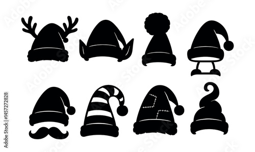 Whimsical santa hat icon set – reindeer, elf, pom-pom, classic, striped, stitched. Vector icons set