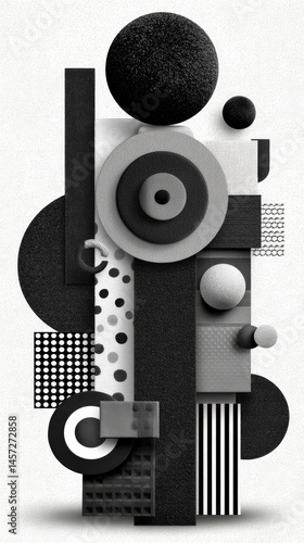 Abstract Geometric Composition with Circles and Rectangles in Black and White