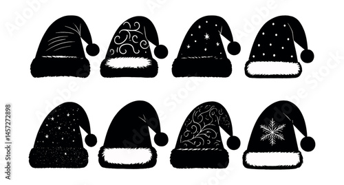 Elegant santa hat silhouettes icon set – festive, holiday, decoration, christmas, winter, hat, design. Vector icons set