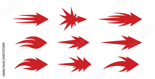 Dynamic red arrow icons set – sharp, swift, fast, speed, motion, direction, energy, movement. Vector icons set