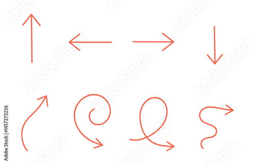 Minimal red arrows icons set – up, down, left, right, curved, loop, swirl. Vector icons set