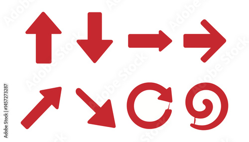 Red arrow silhouettes icons set – up, down, right, left, curved, spiral. Vector icons set