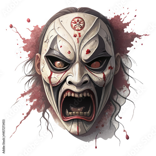 traditional kabuki theater mask with angry ghostly expression, cracked and bleeding from eyes, isolated vector on white background
