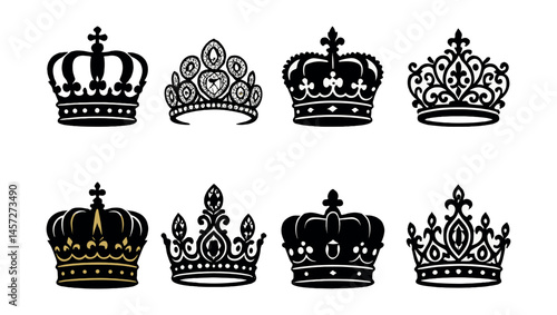 Elegant crown silhouettes icons set – royal, tiara, jewel, monarch, regal, ornate, diadem, majestic. Vector icons set