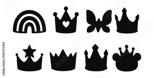 Fantasy crown silhouettes set – rainbow, heart, butterfly, star, jewels. Vector icons set