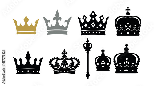 Elegant royal crowns icons set – classic, medieval, ornate, regalia, monarch, emperor, vintage. Vector icons set