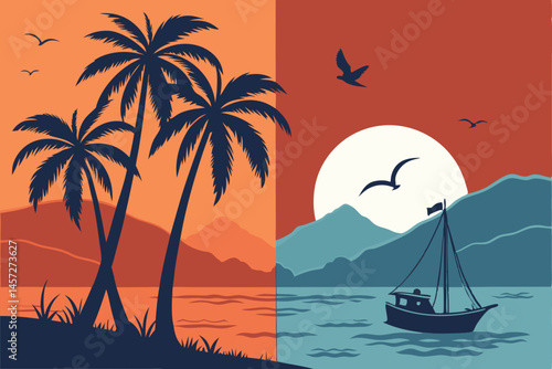 22 Tropical beach sunset and night scene, silhouette of fishing boat, palm trees, mountains in distance, vibrant orange and red sky, starry blue night sky, full moon reflection on water, birds flying,