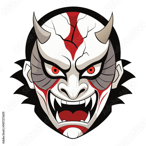 traditional kabuki theater mask with angry ghostly expression, cracked and bleeding from eyes, isolated vector on white background
