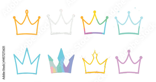Neon crown icons set – glowing, colorful, royalty, fantasy, magic, vibrant, ornate, elegant, regal. Vector icons set