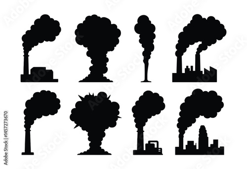Industrial emission icons set – chimney, smoke, pollution, factory, skyline, environment. Vector icons set
