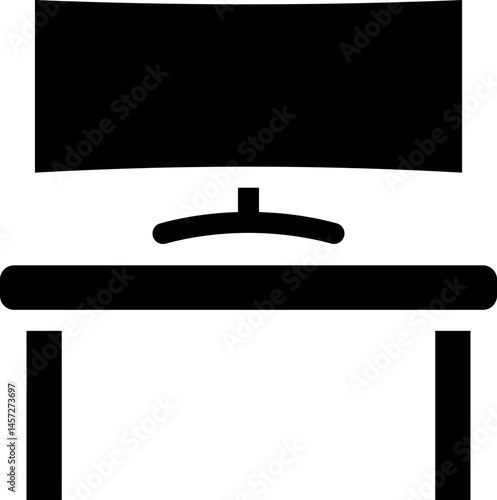 Desk with large computer monitor icon. Silhouette icon.