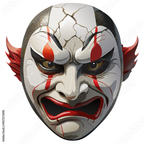 traditional kabuki theater mask with angry ghostly expression, cracked and bleeding from eyes, isolated vector on white background
