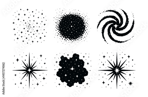 Galactic star silhouettes icons set – cluster, galaxy, swirl, burst, star pattern, cosmic blob. Vector icons set
