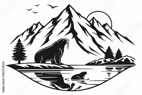 24 Black and white illustration, walrus silhouette, mountain landscape, reflective water, double exposure, minimalist design, negative space, arctic wildlife, symbolic art, stark contrast, nature fusi