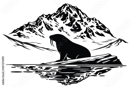 24 Black and white illustration, walrus silhouette, mountain landscape, reflective water, double exposure, minimalist design, negative space, arctic wildlife, symbolic art, stark contrast, nature fusi