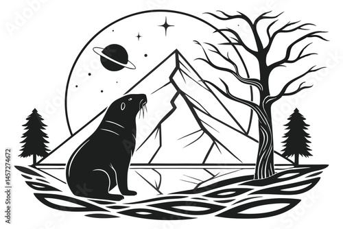 24 Black and white illustration, walrus silhouette, mountain landscape, reflective water, double exposure, minimalist design, negative space, arctic wildlife, symbolic art, stark contrast, nature fusi