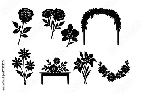 Wedding floral silhouettes icon set – rose, peony, arch, daisy, garland, bouquet. Vector icons set