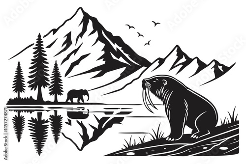 24 Black and white illustration, walrus silhouette, mountain landscape, reflective water, double exposure, minimalist design, negative space, arctic wildlife, symbolic art, stark contrast, nature fusi