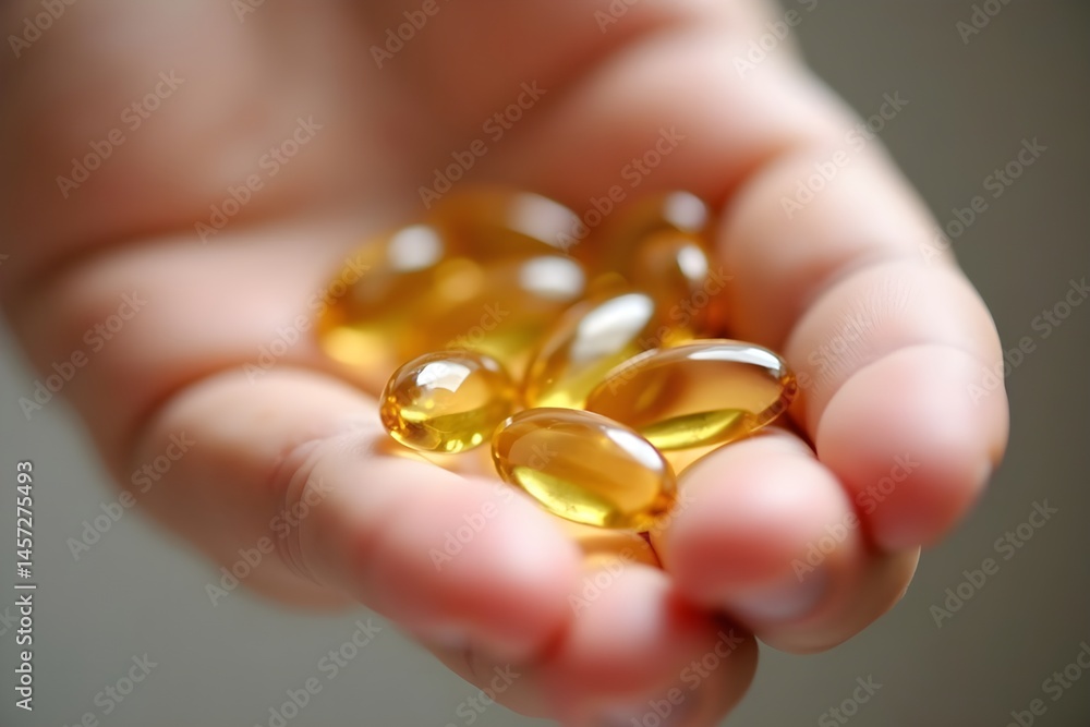 Close-up of Golden Softgel Capsules Resting in a Human Hand Close-up of Golden Softgel Capsules Resting in a Human Hand