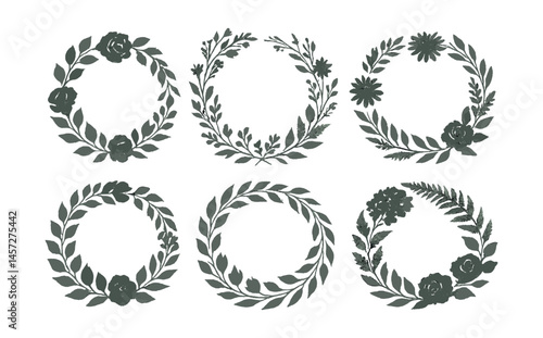 Elegant watercolor floral silhouette icons set – wreath, leaves, bouquet, branches, bloom. Vector icons set