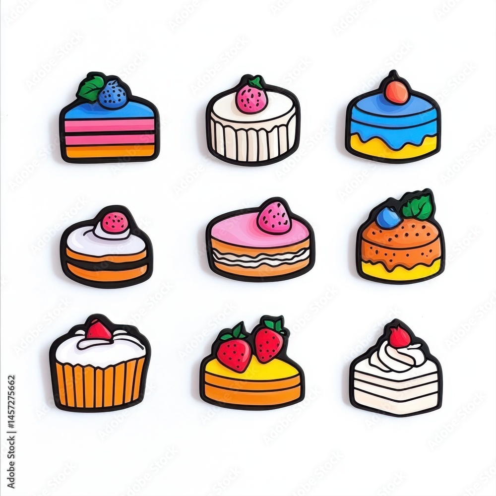 Colorful Cartoon Desserts with Strawberries and Cream on White Background