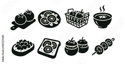 Tomato kitchen icons set – chopping board, salad, basket, soup, bruschetta, sandwich, skewer. Vector icons set
