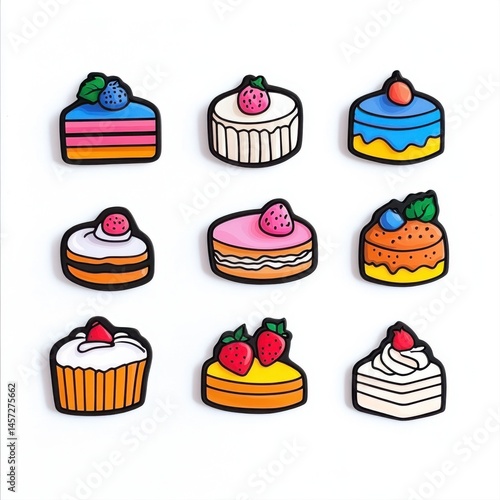 Obraz na płótnie Colorful Cartoon Desserts with Strawberries and Cream on White Background w salonie