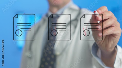Medical professional interacting with digital icons on transparent glass panel, marking document completion through advanced healthcare technology in modern clinical workspace