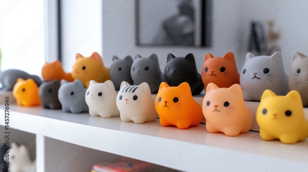 Obraz premium Cute, stylized cat figurines in various colors, lined up on a shelf