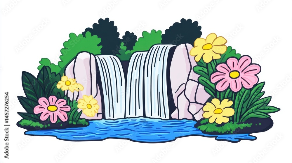 Beautiful Cartoon Waterfall with Colorful Flowers and Lush Greenery