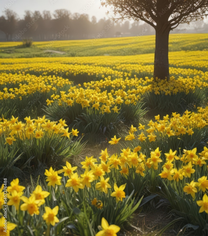 Fototapeta premium Sunny field ablaze with vibrant yellow daffodils , countryside, texture