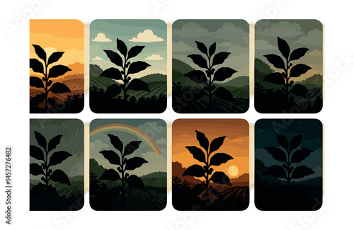 Vintage nature icons set – sunrise, rain, rainbow, night, coffee, landscape, mountains, clouds. Vector icons set