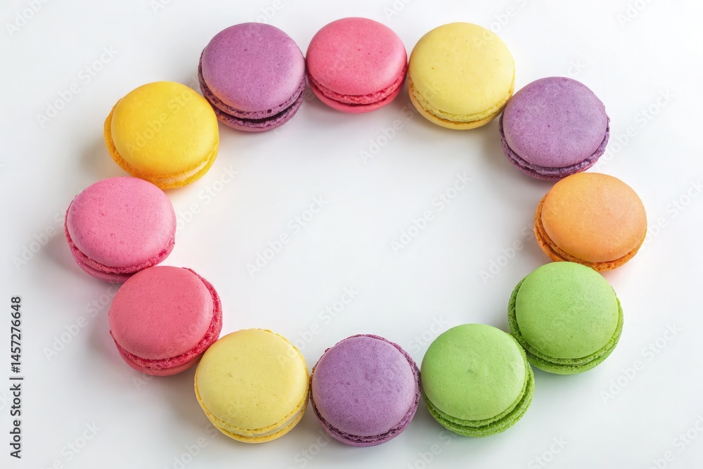 Obraz premium Colorful French Macarons Arranged in a Circular Pattern Generative AI