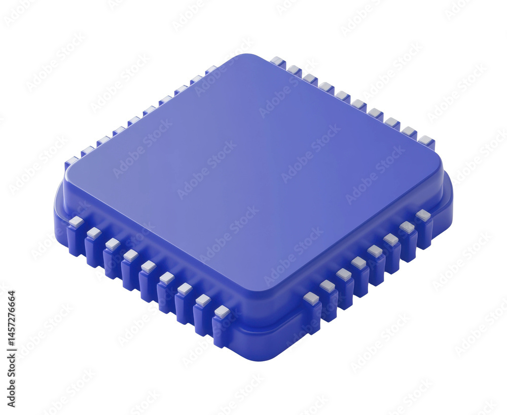 Blue computer chip close-up with metallic pins, cut out - stock png. Blue computer chip close-up with metallic pins, cut out - stock png.
