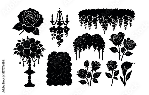 Luxury floral elegance icon set – rose, chandelier, wisteria, bloom, arrangement, bouquet. Vector icons set