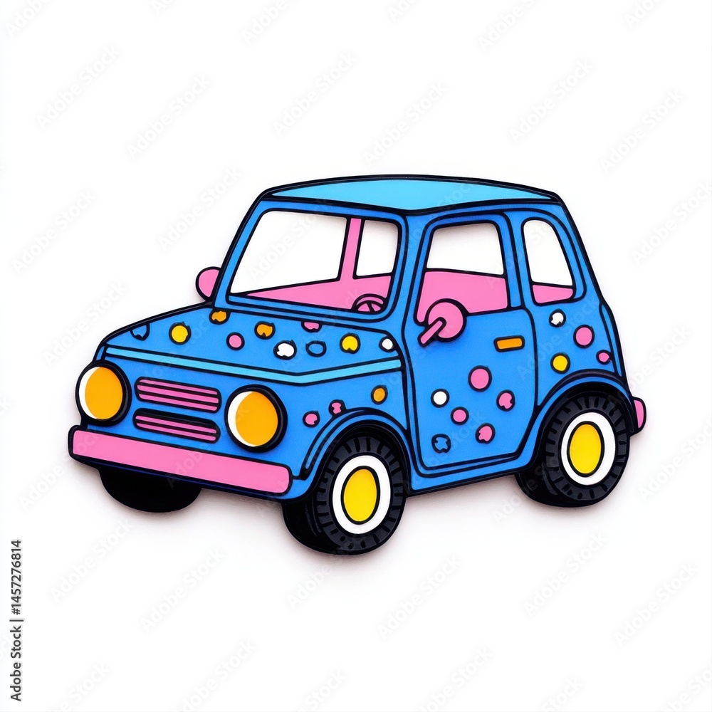 Colorful Cartoon Car with Polka Dots on a White Background