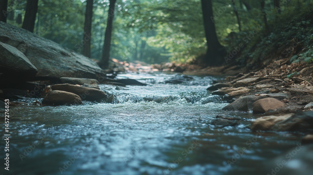A small stream flows through a lush green forest landscape A small stream flows through a lush green forest landscape