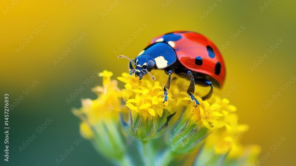 Close-up view of ladybug on vibrant yellow flower cluster. Close-up view of ladybug on vibrant yellow flower cluster.