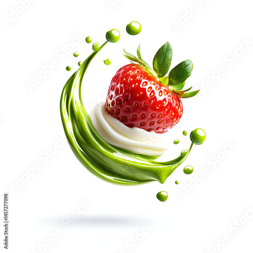 A floating half-cut strawberry in the air, studio setting, isolated on a white background with no shadows. A delicate matcha sauce flows over the strawberry, thin and smooth, with a swirl pattern of 