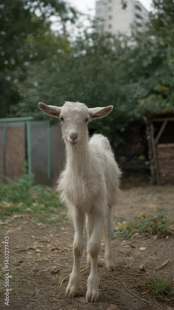 Full body shot of a young white goat standing in a field with building and trees in background looking directly at camera Full body shot of a young white goat standing in a field with building and trees in background looking directly at camera
