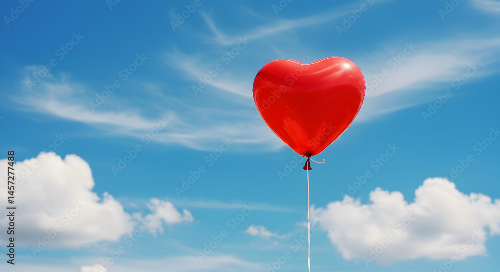 Heart Shaped Red Balloon Floating in Bright Blue Sky with Fluffy White Clouds on Sunny Day Heart Shaped Red Balloon Floating in Bright Blue Sky with Fluffy White Clouds on Sunny Day