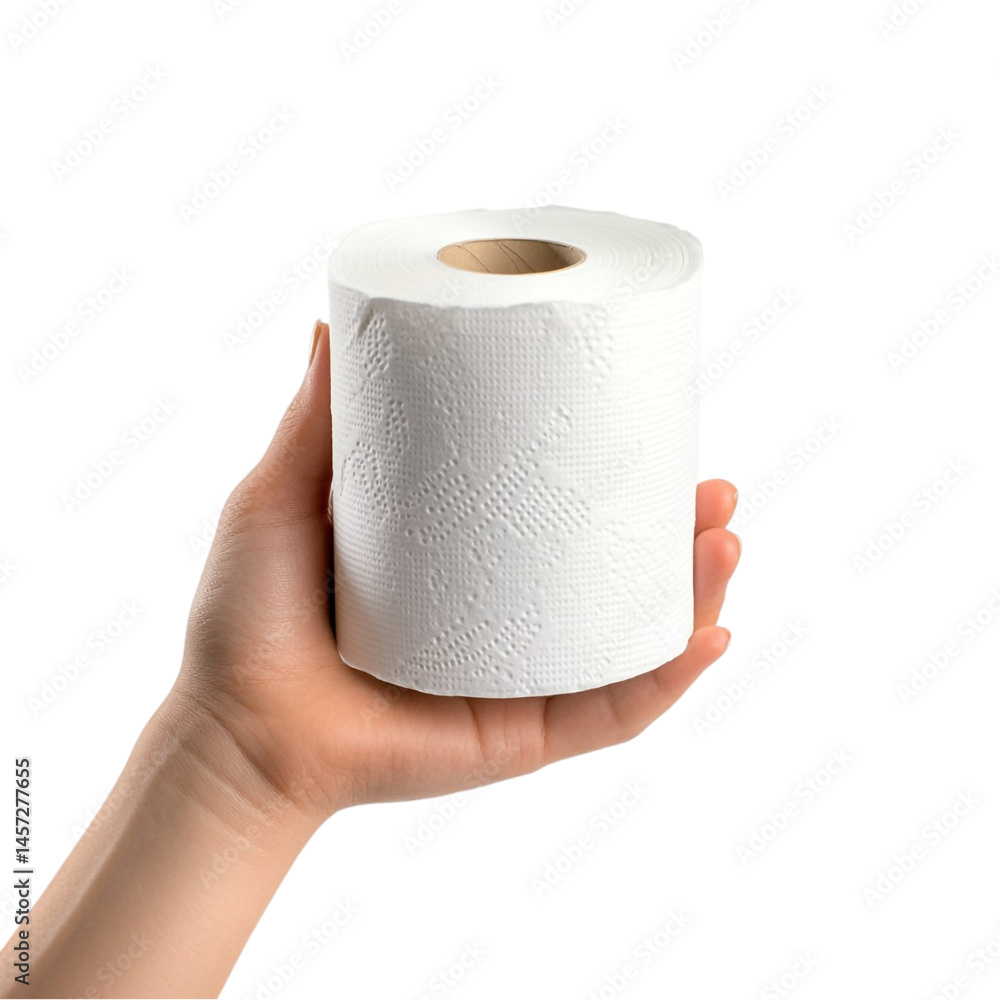 Fototapeta premium A hand holds a roll of white toilet paper against a black background simple product shot