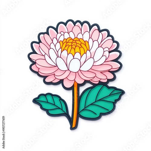 Colorful Pink Flower Illustration with Green Leaves and Yellow Center