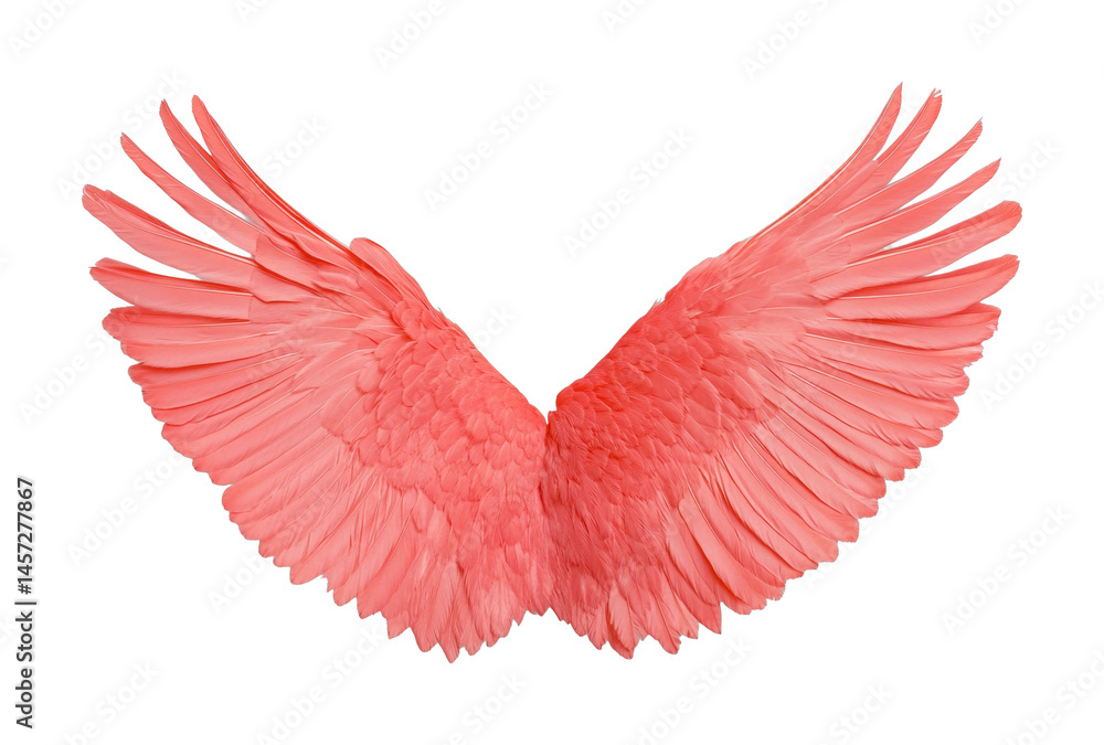 Obraz premium Pink feathered angel wings with outstretched symmetry, cut out - stock png.