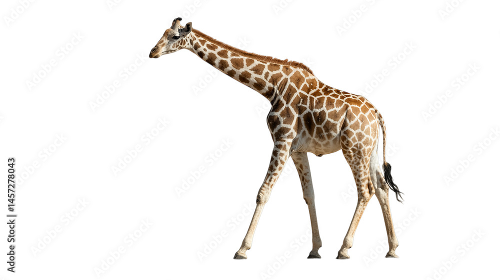 Fototapeta premium Giraffe walking gracefully, long neck, brown patches, transparent background