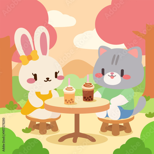Adorable Kawaii Bunny and Cat Sharing Bubble Tea in Park. Kawaii Bunny and Cat Enjoying Boba Drinks in Scenic Garden.