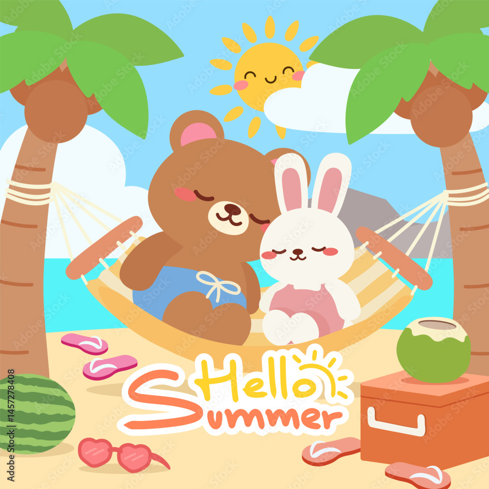 Obraz premium Cute Bear and Bunny Relaxing in Hammock on Summer Beach. Cartoon Beach Scene with Adorable Bear and Rabbit in Hammock. Kawaii Style Beach Vacation with Bunny, Bear, and Tropical Vibes.